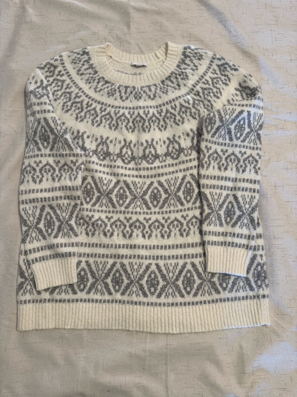 J. Jill Cream and Gray Fair Isle Crewneck Sweater
